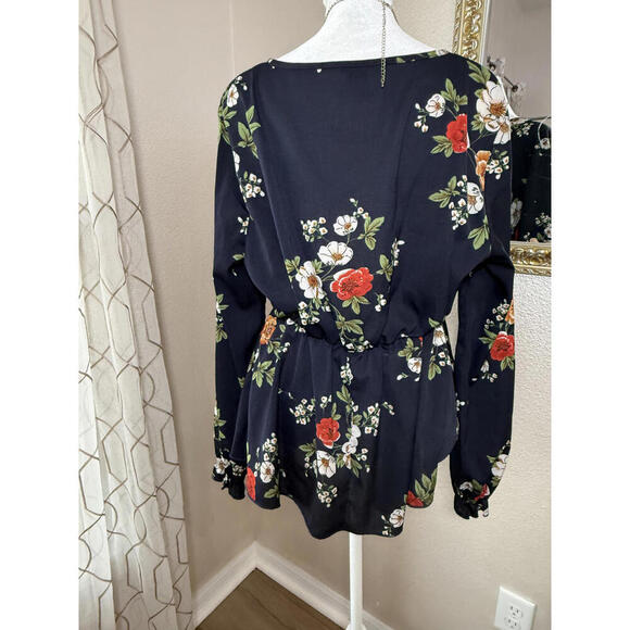 Black Floral Long Sleeve Lightweight Wrap Blouse By Shein Womens Medium - Picture 4 of 7